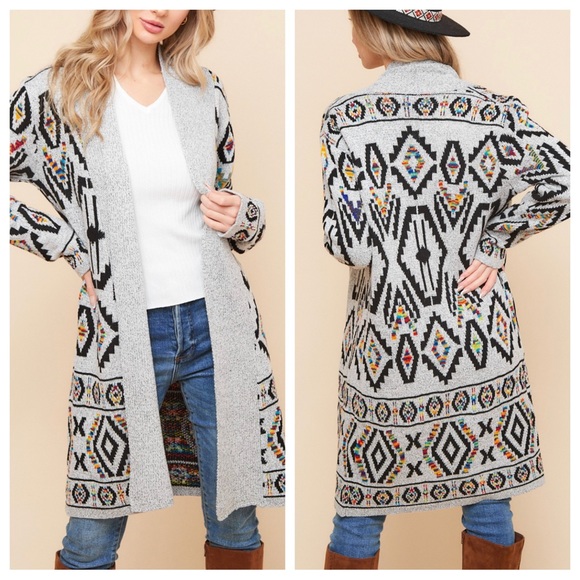 34 Aztec Print Sweater Jacket Long Cardigan - Picture 3 of 5